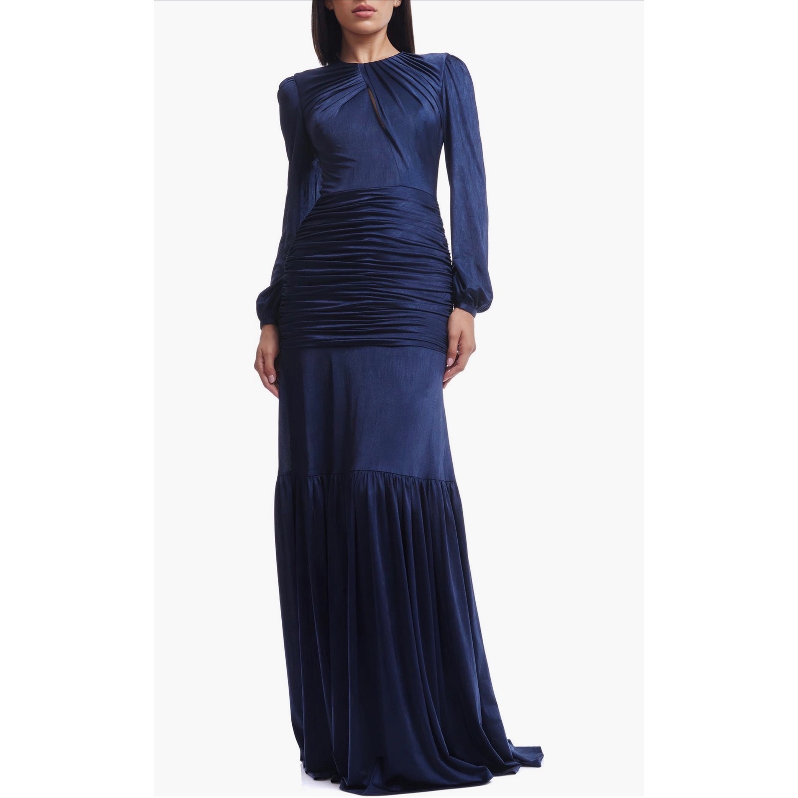 Nwt Dress The Population Lucille Pleated Ruched Long Sleeve Gown Blue Small